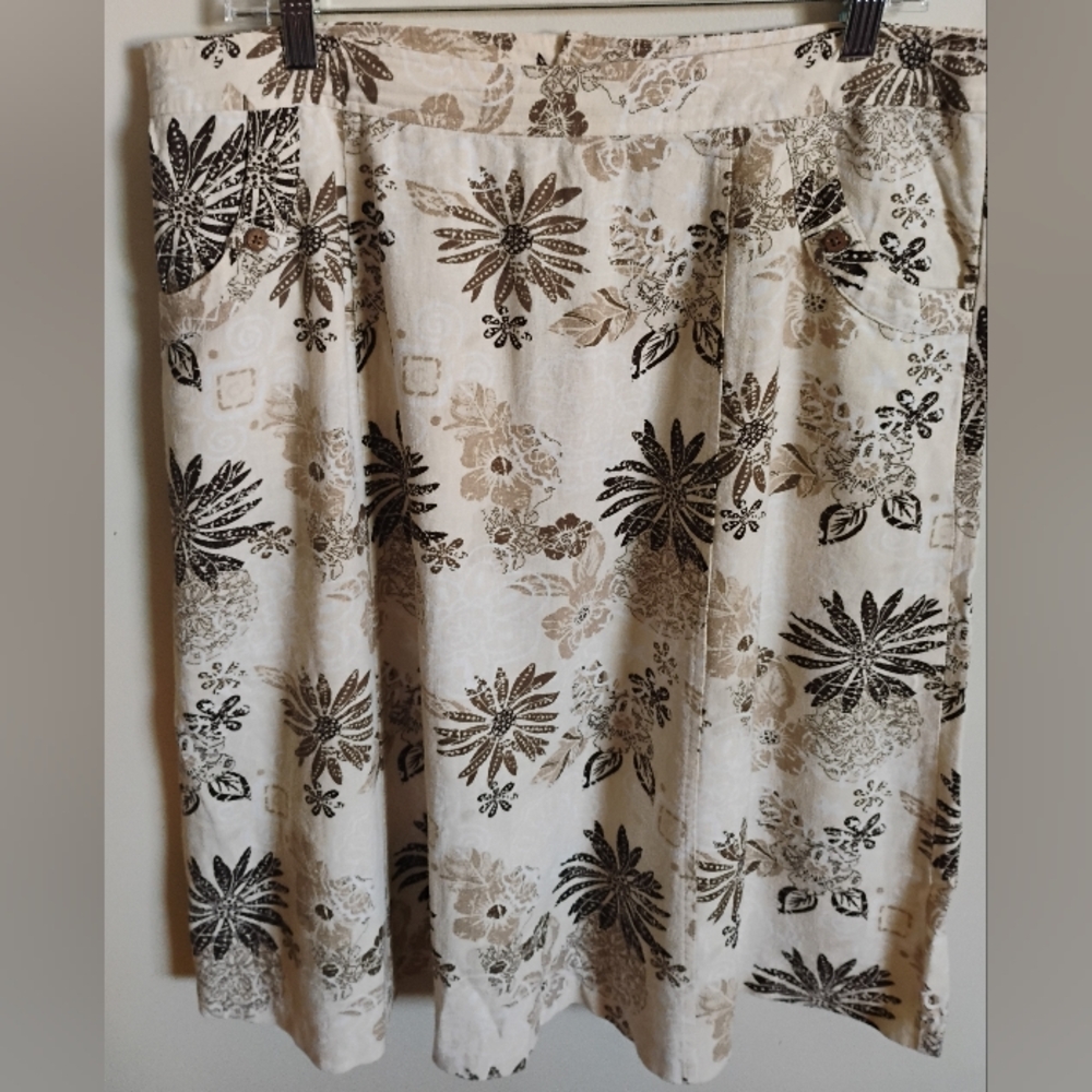 Christopher & Banks Linen Blend Floral Midi Skirt Neutral Tan Brown Size 14